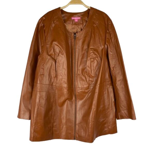 VTG 80s Woman Within‎ Leather Jacket Swing Coat Women 24W Cognac Brown NWOT - Picture 1 of 9